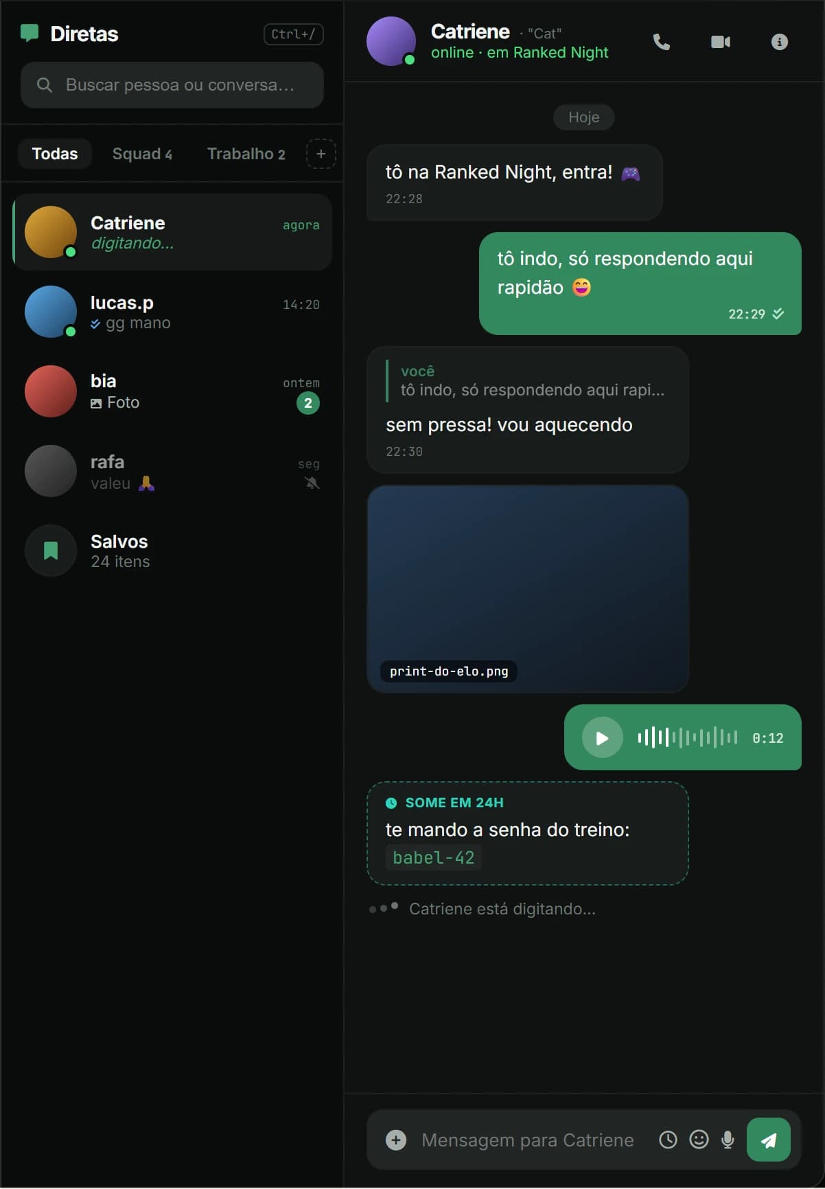Uma conversa privada com a Catriene: resposta citada, foto, áudio e uma mensagem que some em 24 horas