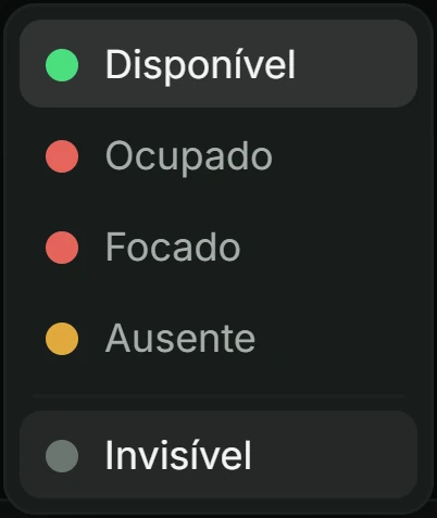 O menu de status do seu cartão: Disponível, Ocupado, Focado, Ausente e Invisível